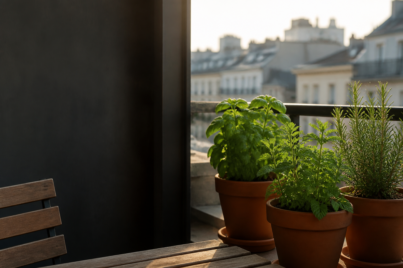 Basil, mint and rosemary growing in terracotta pots on a sunlit city balcony