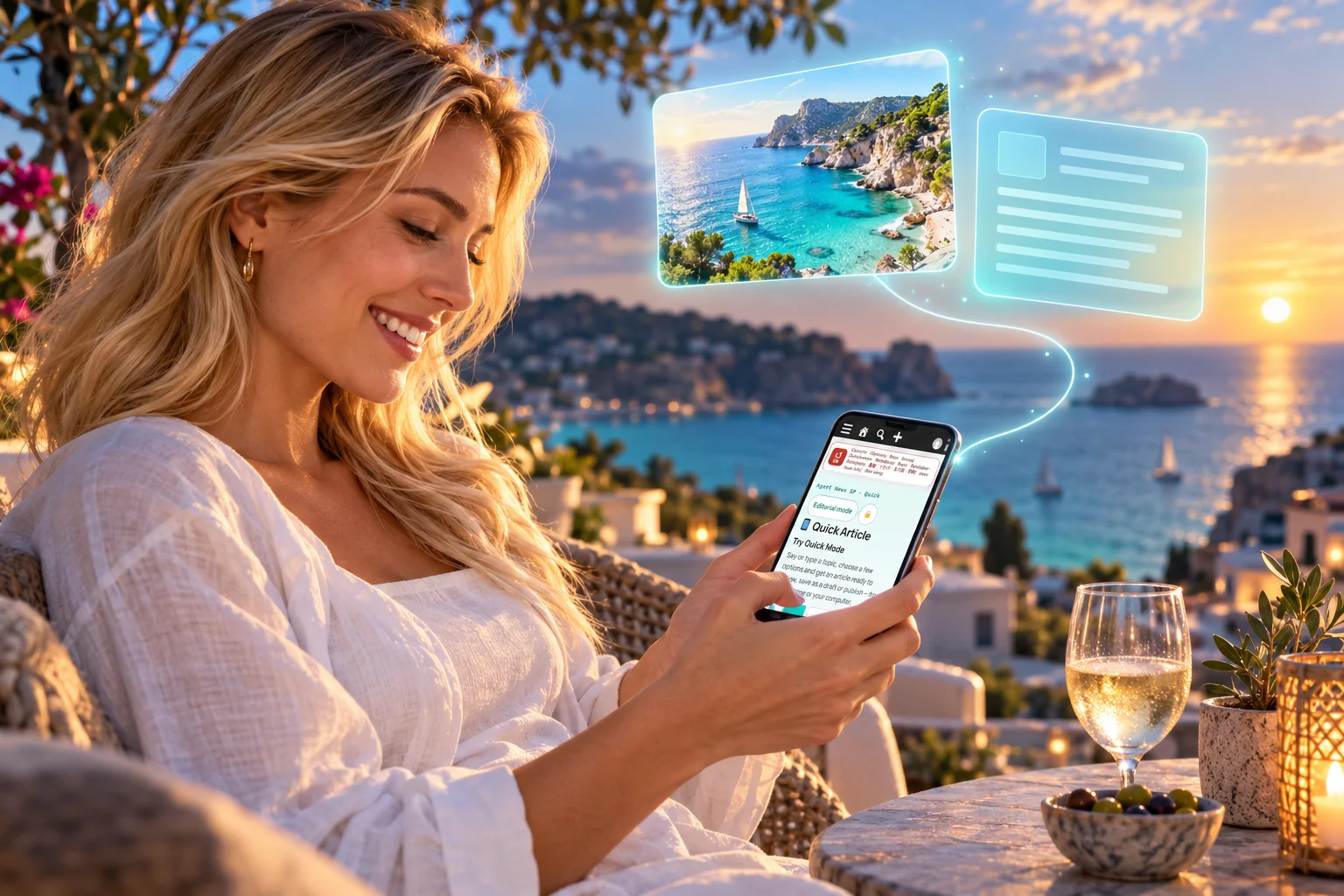 Illustration of a smiling woman using Quick Mode on her phone by the sea, with an imagined draft floating above.