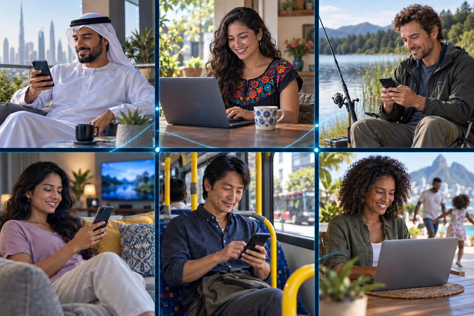 Six illustrated everyday scenes of people using phones and computers, including a bus passenger and a fisherman beside a lake.