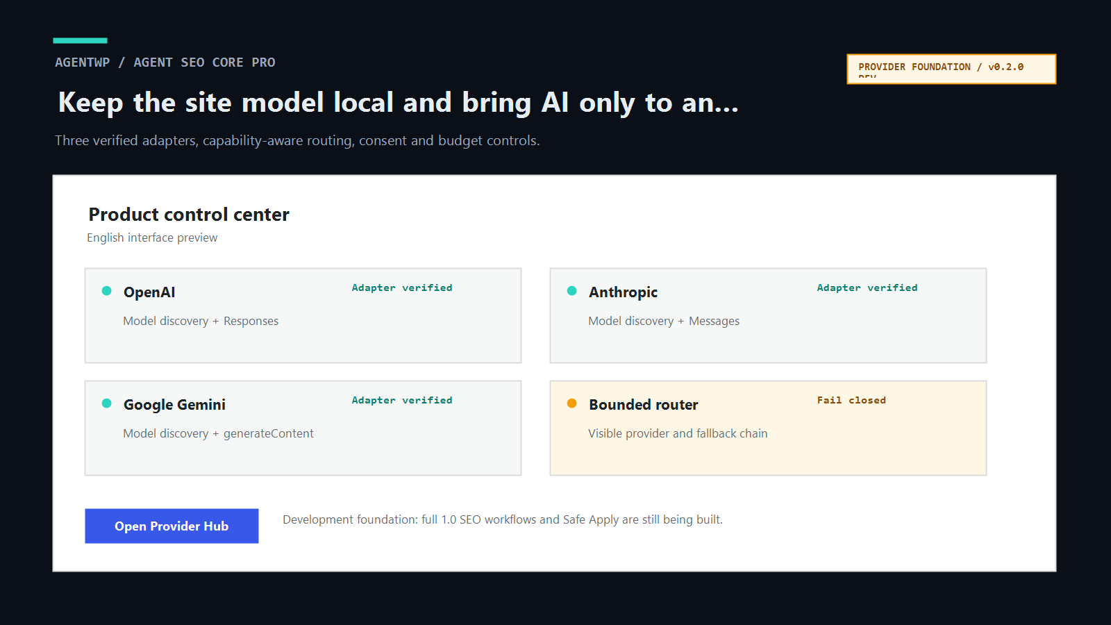 Agent SEO Core Pro verified provider foundation development preview in English