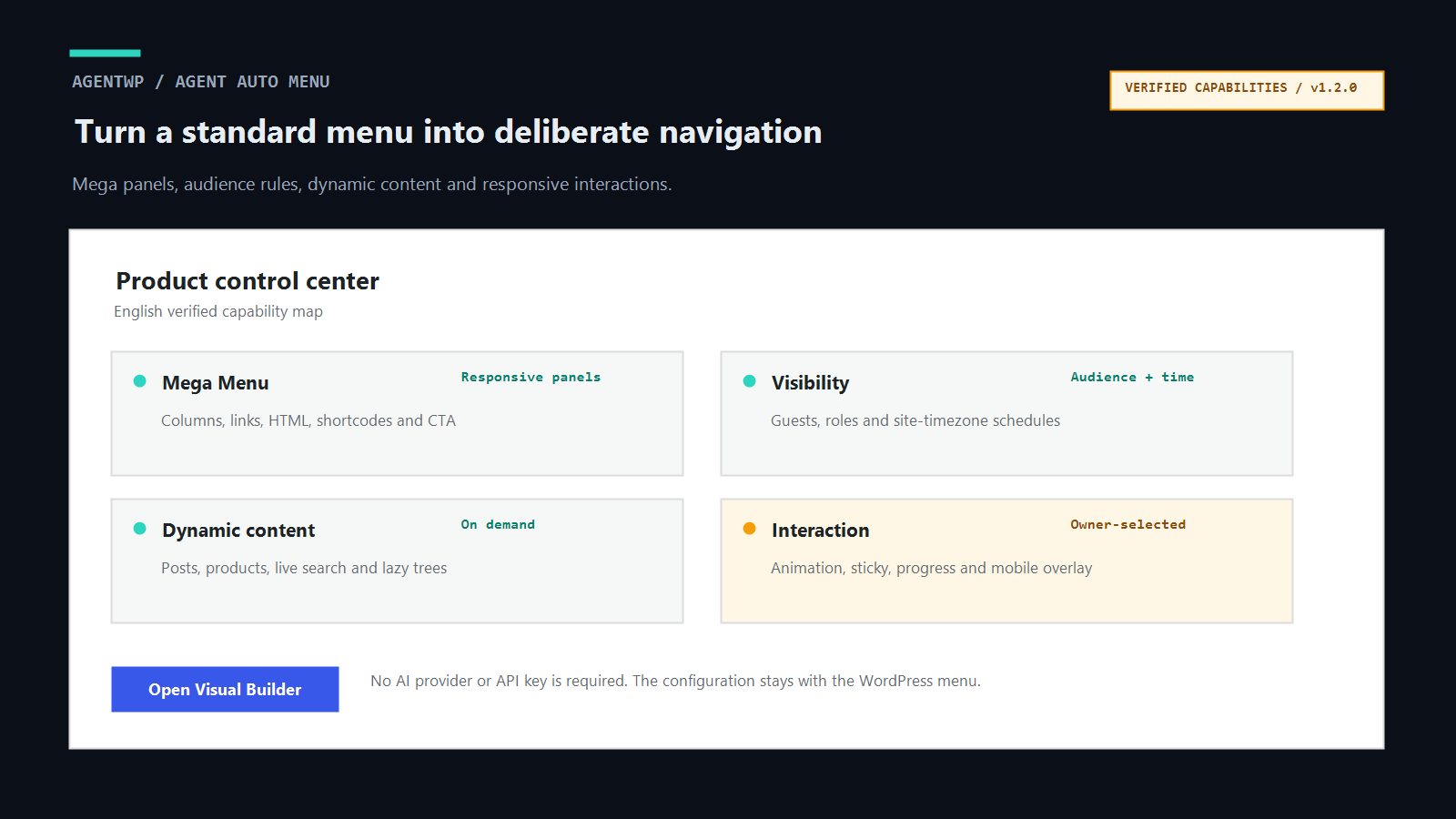 Agent Auto Menu verified English capability map