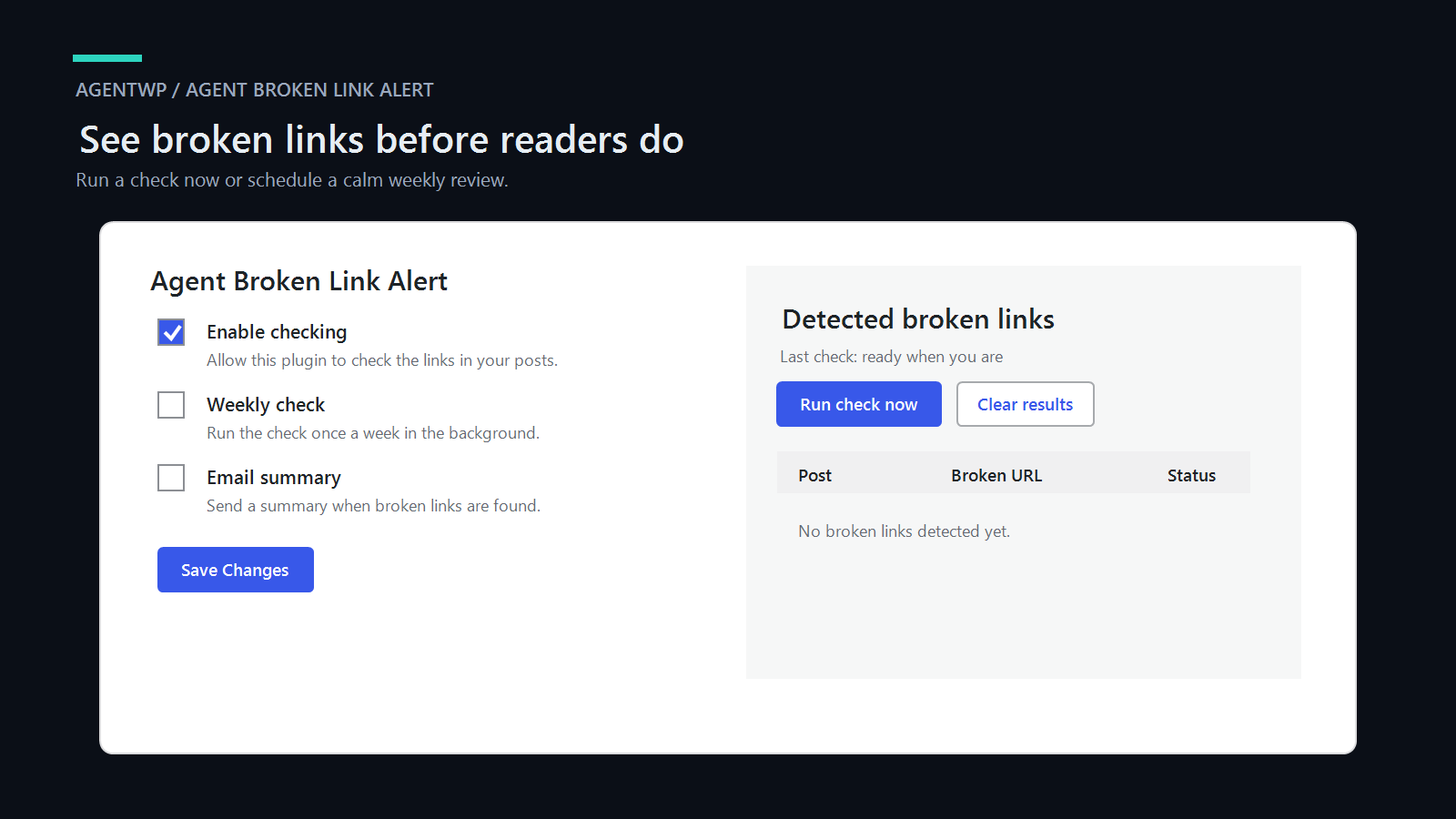 Agent Broken Link Alert settings and empty result report in English
