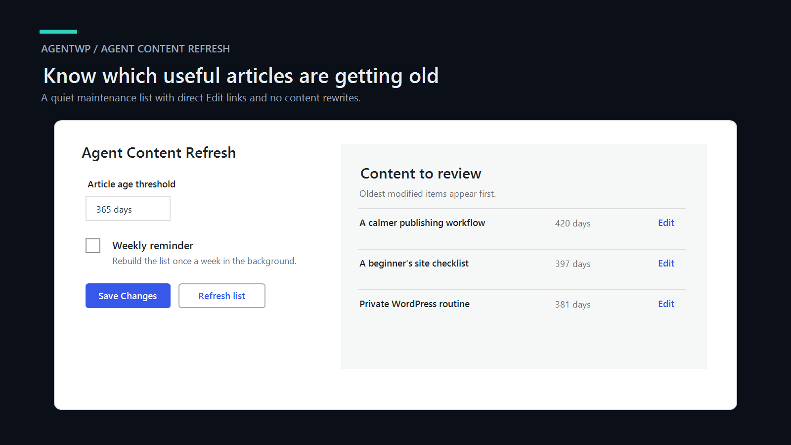Agent Content Refresh settings and review queue in English