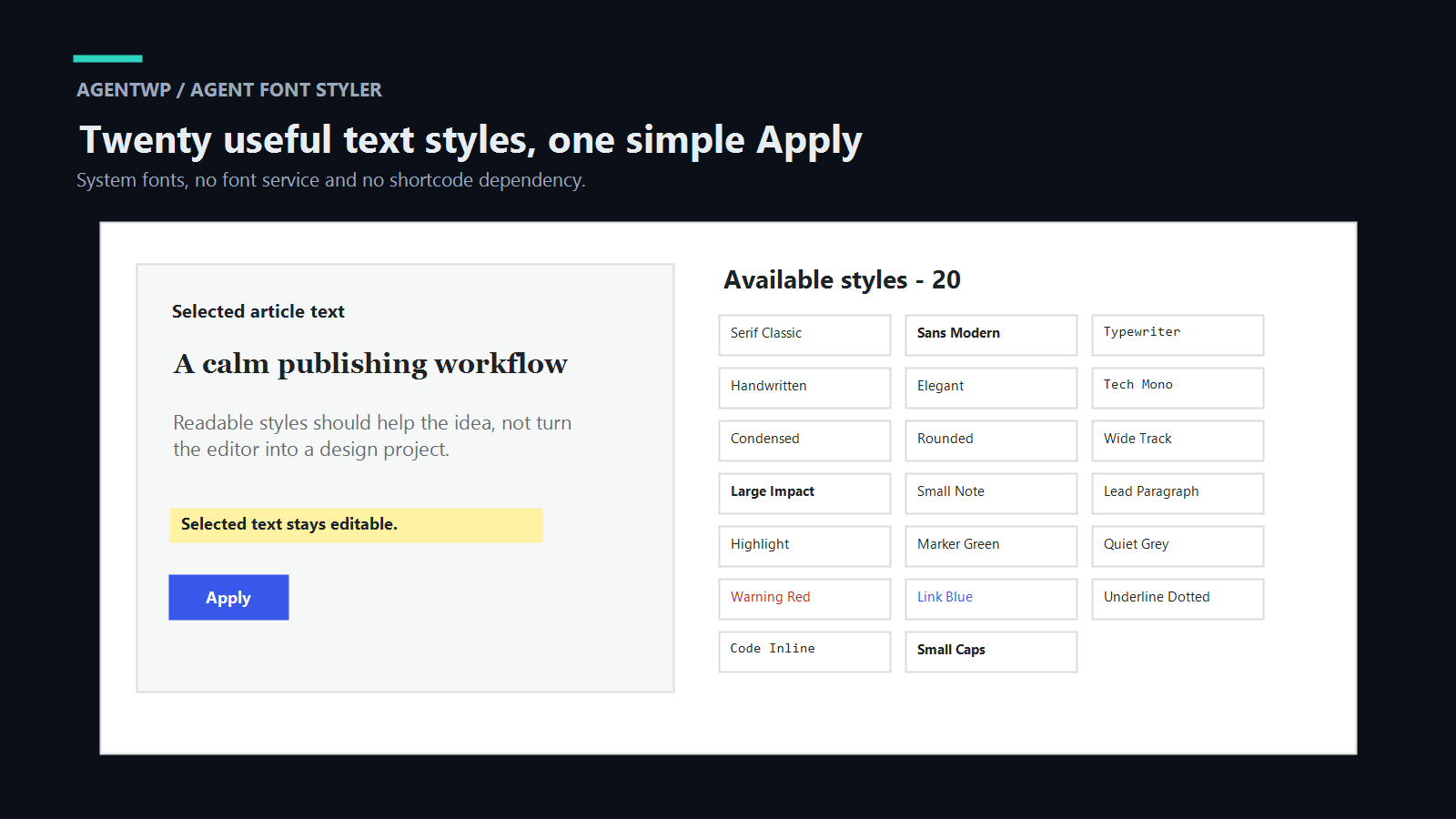 Agent Font Styler preset panel in English