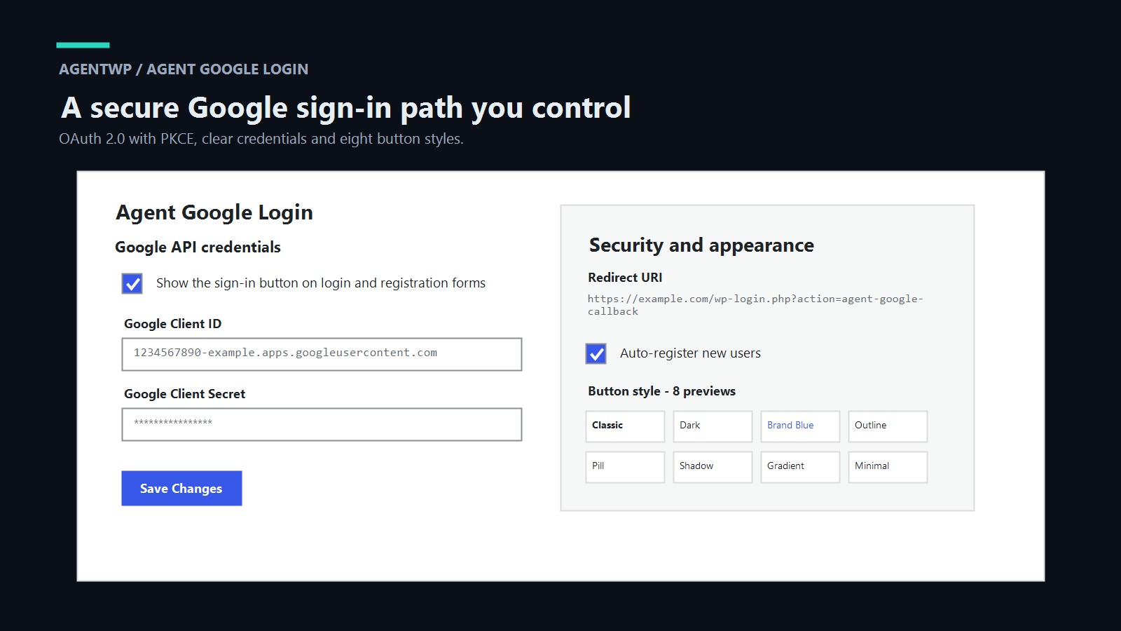 Agent Google Login settings and eight button styles in English