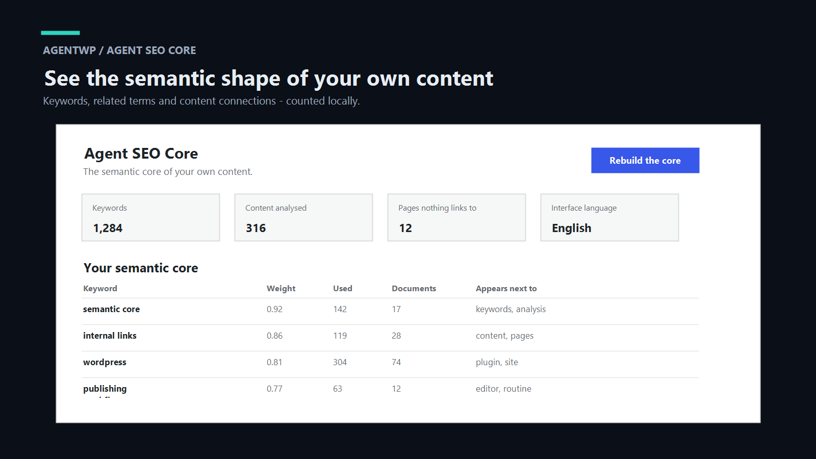 Agent SEO Core semantic index and content map settings in English