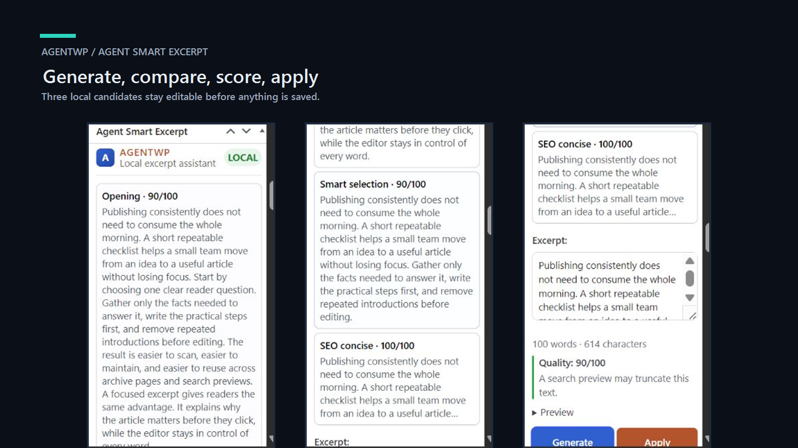 Agent Smart Excerpt candidates and quality score in English