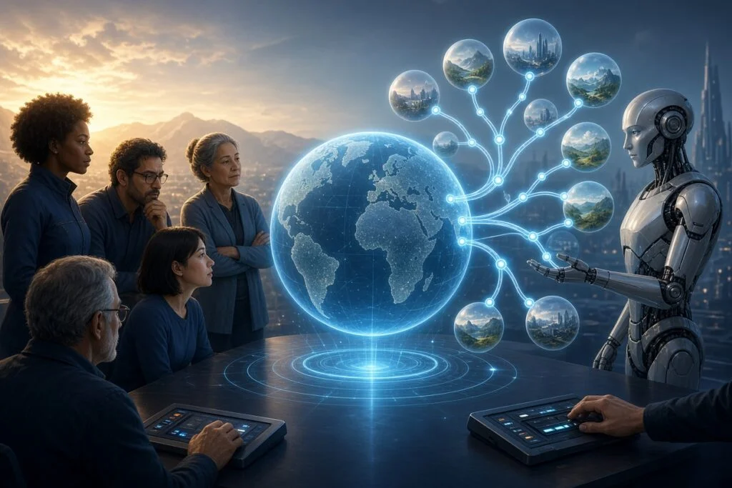Thoughtful people and a humanoid AI face a holographic Earth while human hands remain at the controls
