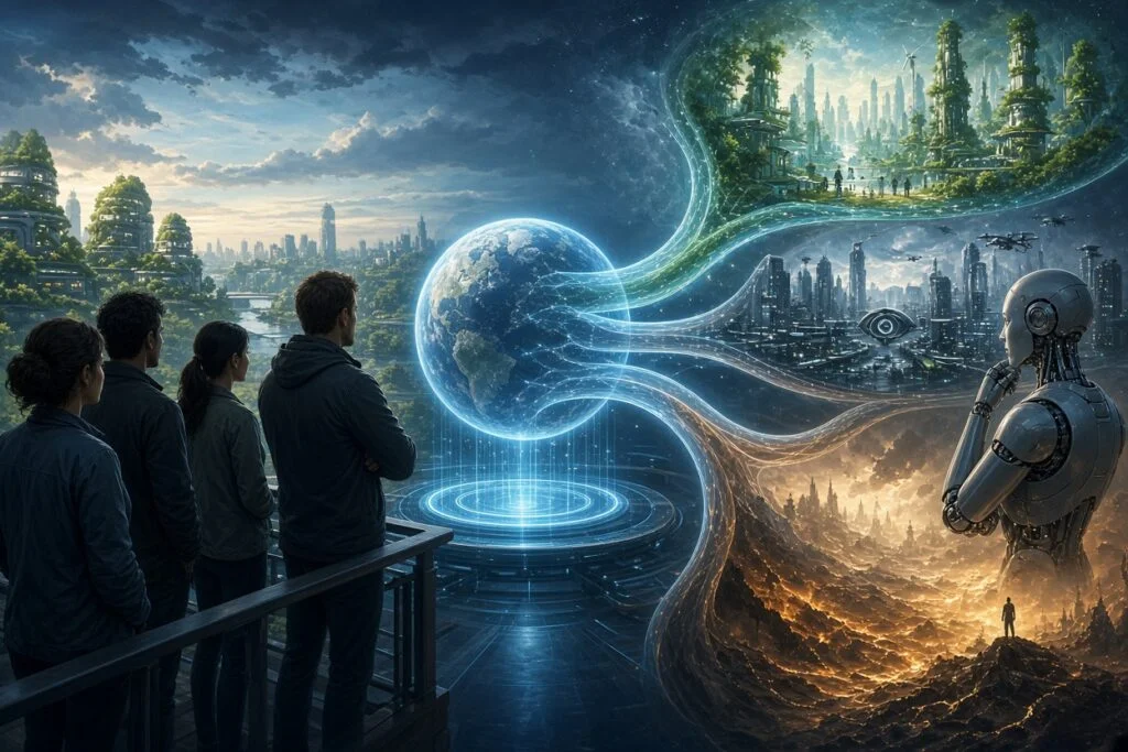 Humans and a humanoid AI contemplate Earth against three imagined futures: flourishing cities, intensive surveillance and environmental decline